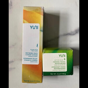 YUNI Active Calm Firming Facial Moisturizer 2oz + Refining Face & Body Scrub NEW